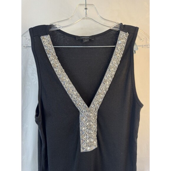 Express Large Black Tank Top Beaded Sequin SIlver - Picture 2 of 8
